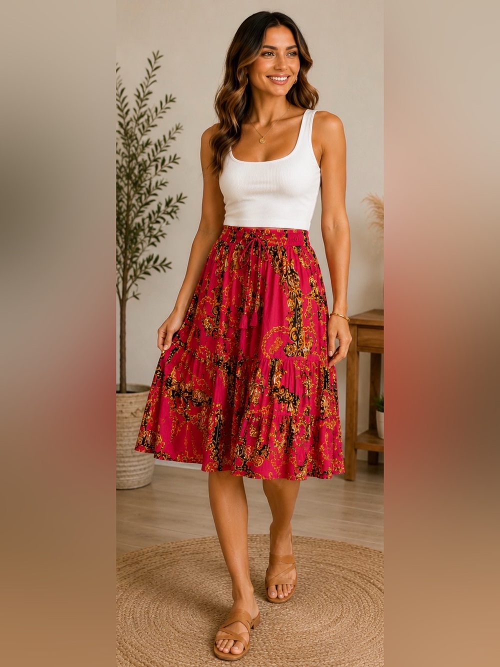207 Truly 4 You Pink Gold Chain Print Tea Length Skirt L Boho Drawstring Flowy